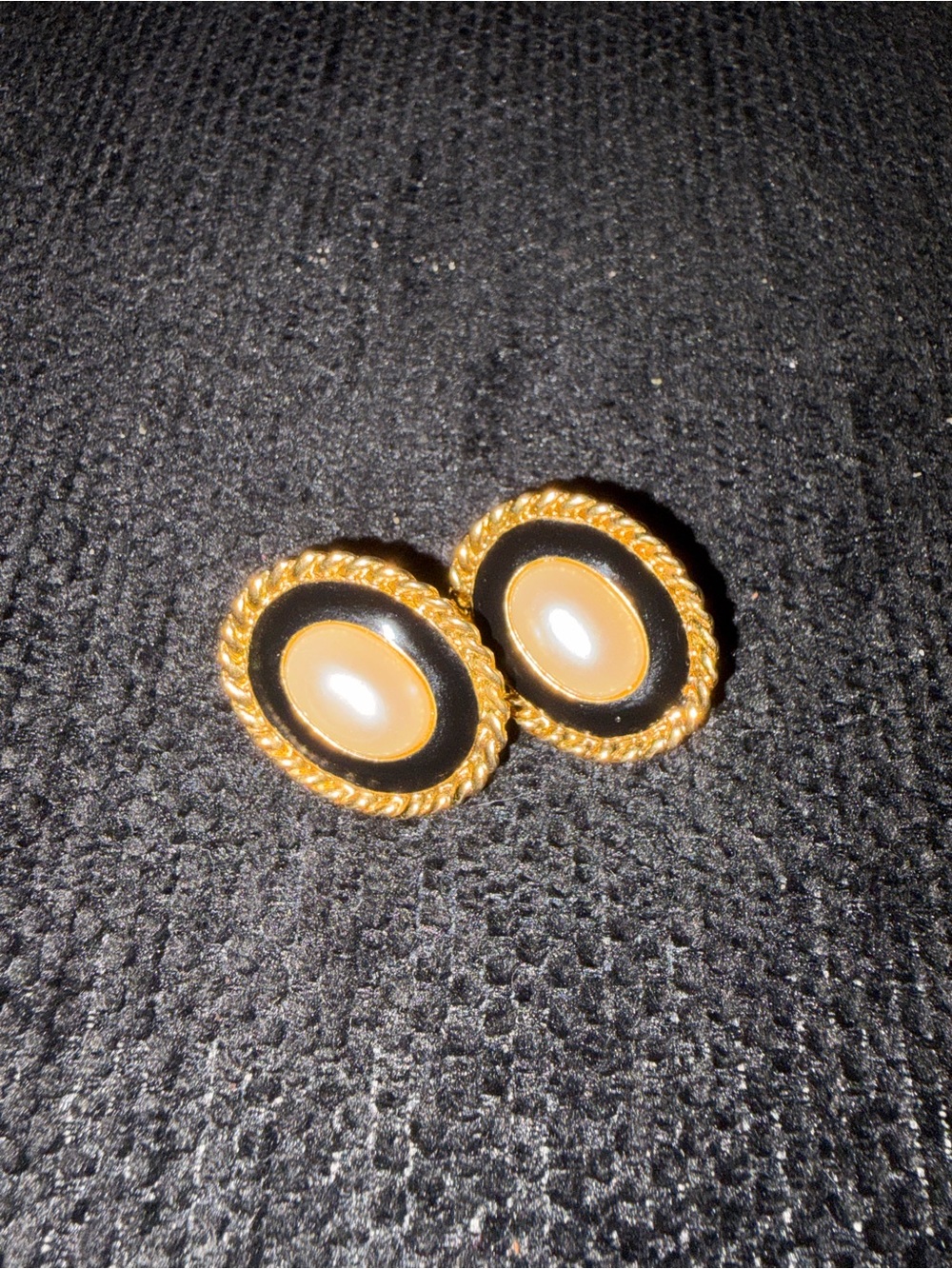 Gold Tone Black and Cream Oval Stud Earrings